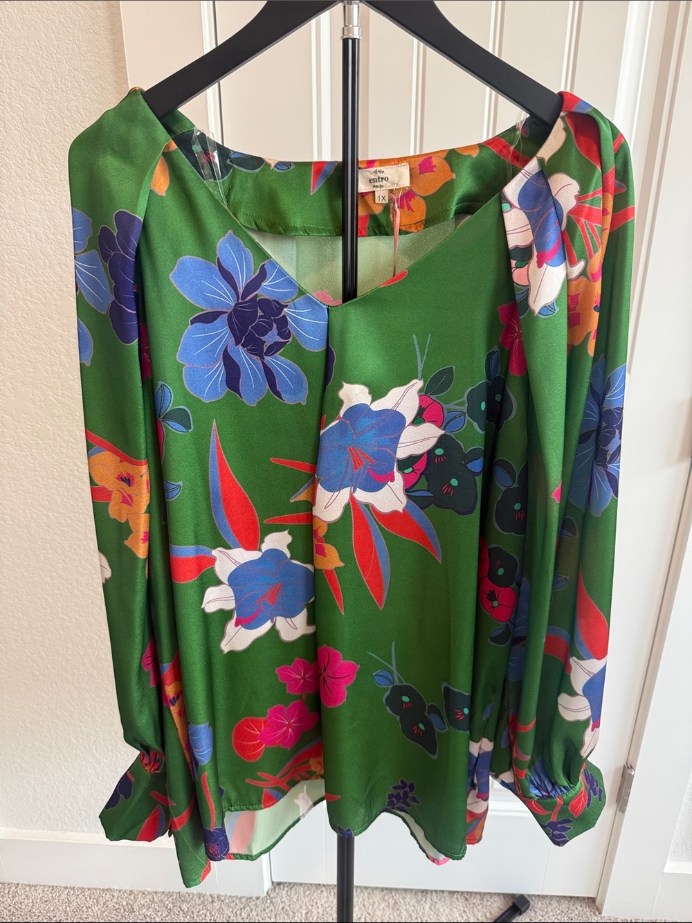 Entro Green Floral Satin Blouse with Multicolor Blooms
